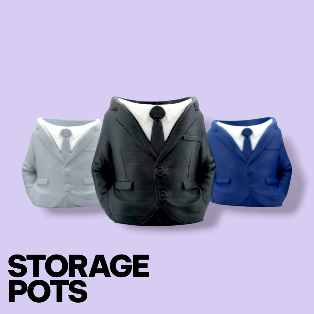 3D Printed Suit Storage Pots – Quirky Desk Organizer & Novelty Can Holder
