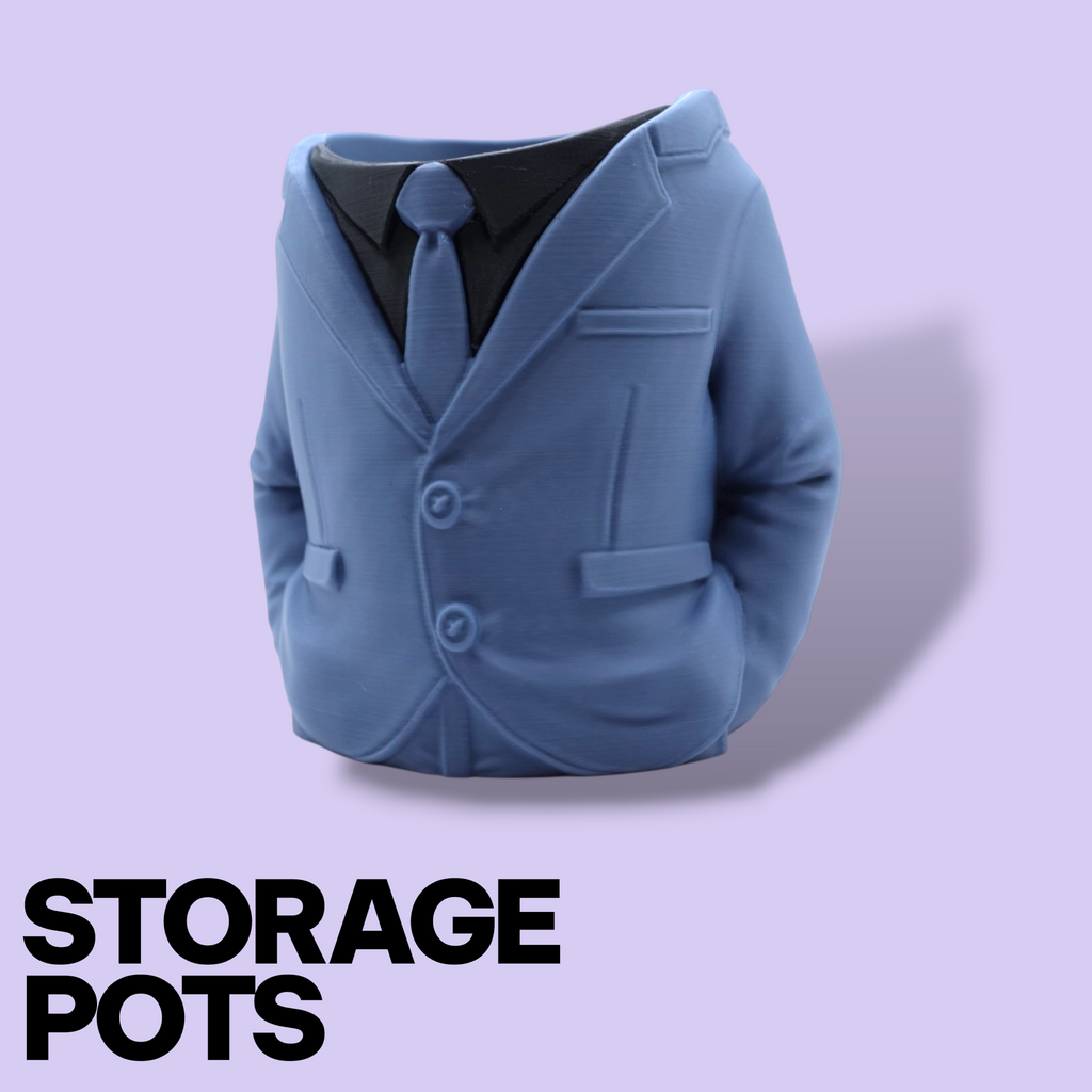 3D Printed Suit Storage Pots – Quirky Desk Organizer & Novelty Can Holder