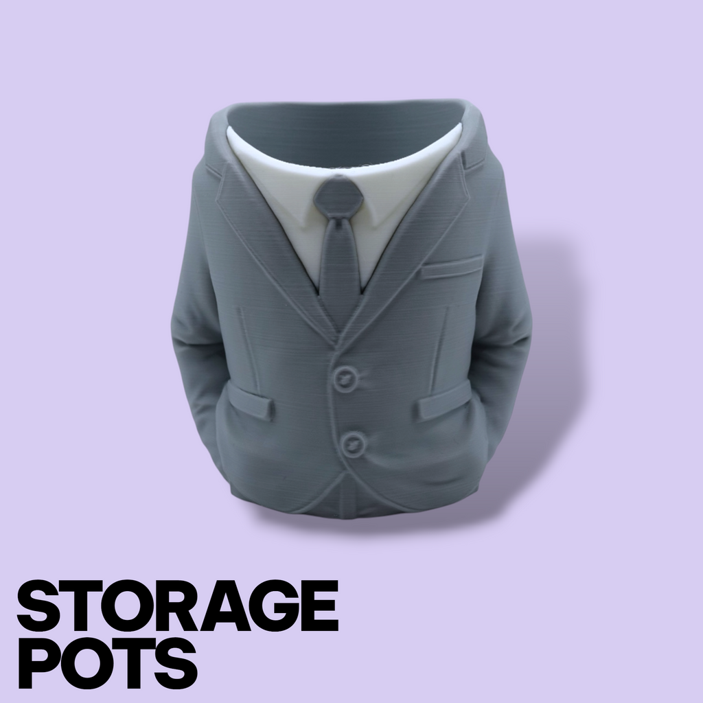 3D Printed Suit Storage Pots – Quirky Desk Organizer & Novelty Can Holder
