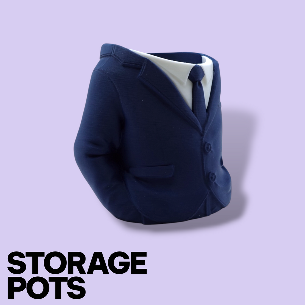 3D Printed Suit Storage Pots – Quirky Desk Organizer & Novelty Can Holder