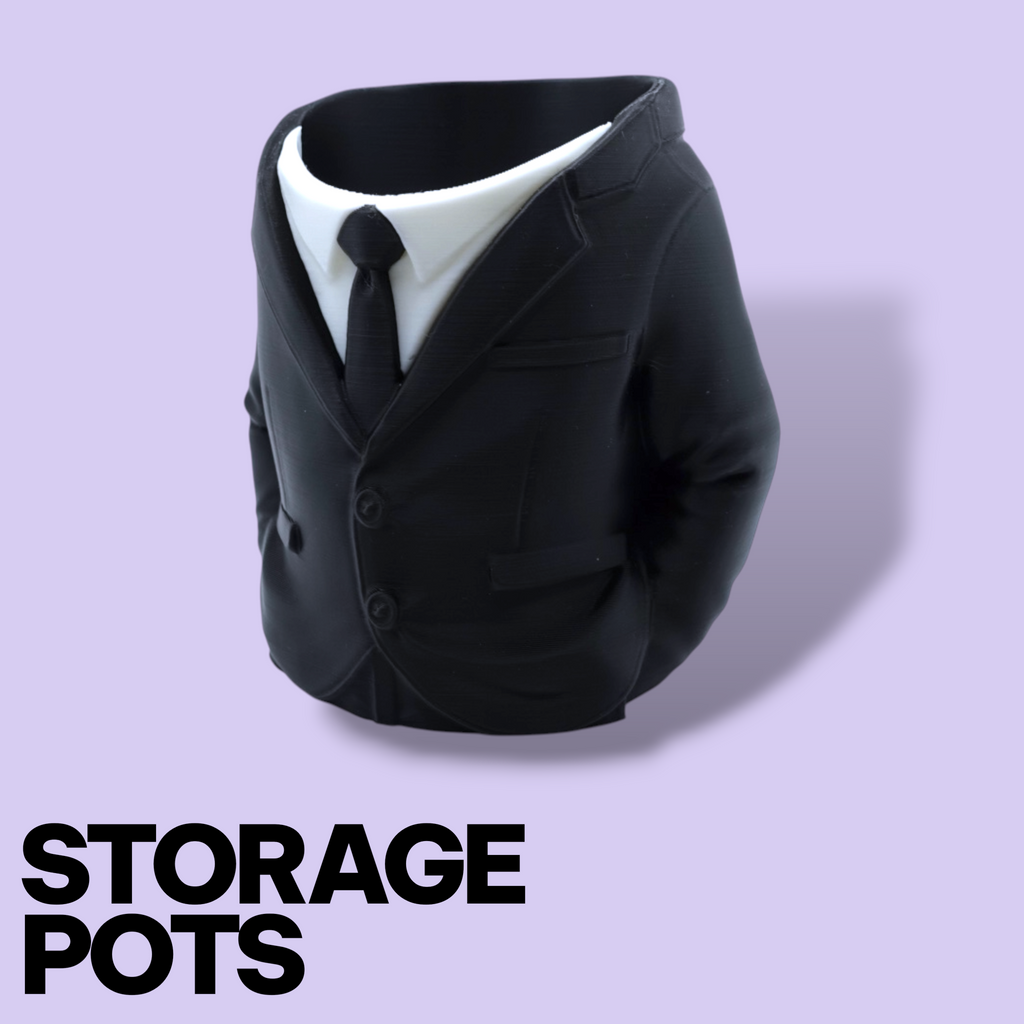 3D Printed Suit Storage Pots – Quirky Desk Organizer & Novelty Can Holder