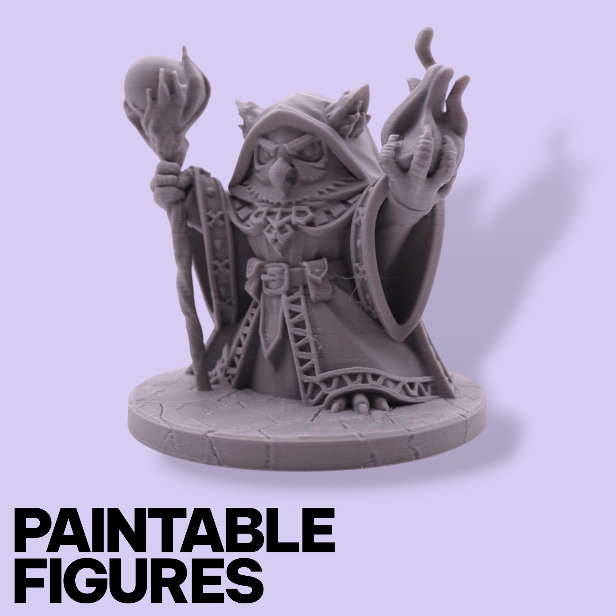 Warlock Owl Fantasy Miniature – 75mm Paintable Scale Figure | Tabletop RPG Wizard Mage Staff