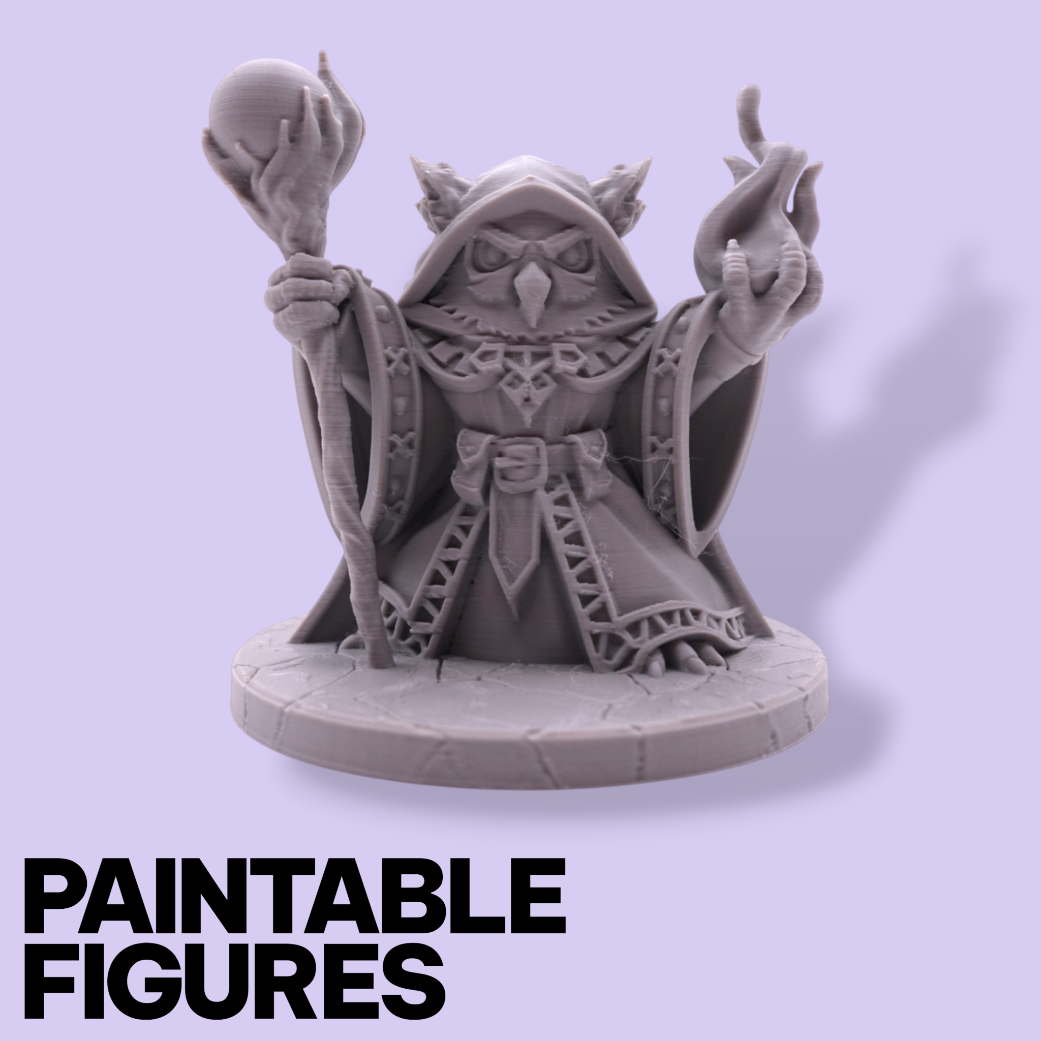 Warlock Owl Fantasy Miniature – 75mm Paintable Scale Figure | Tabletop RPG Wizard Mage Staff