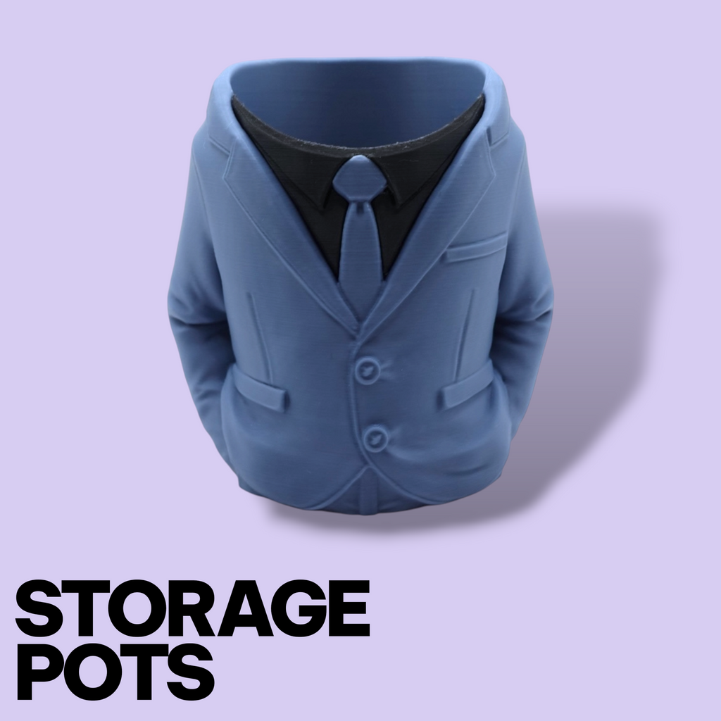 3D Printed Suit Storage Pots – Quirky Desk Organizer & Novelty Can Holder