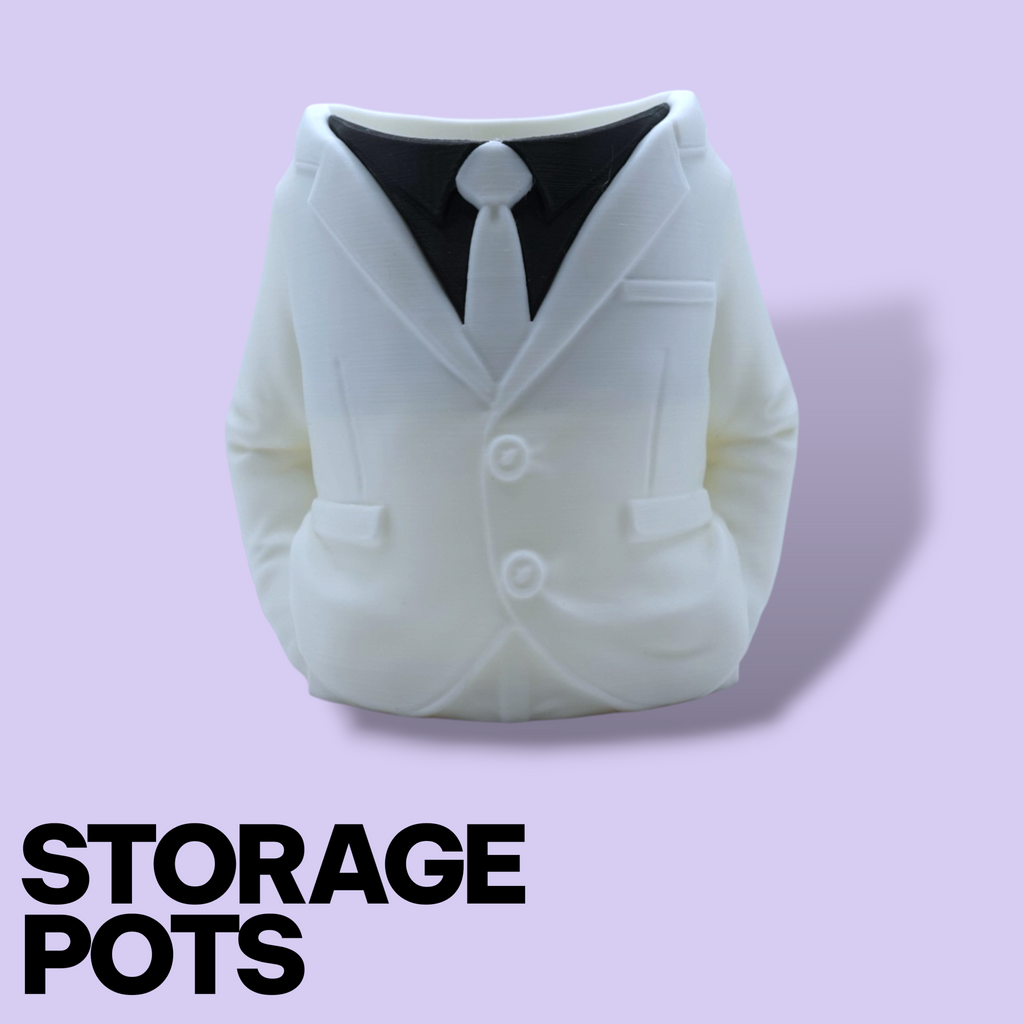 3D Printed Suit Storage Pots – Quirky Desk Organizer & Novelty Can Holder