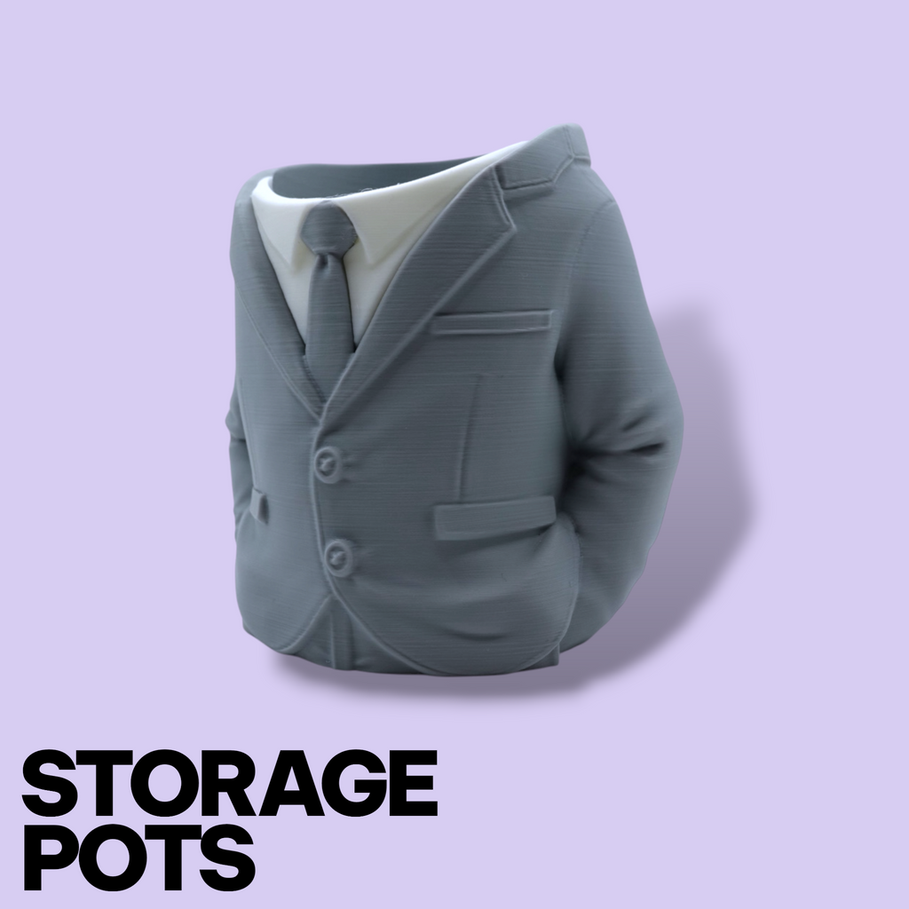 3D Printed Suit Storage Pots – Quirky Desk Organizer & Novelty Can Holder