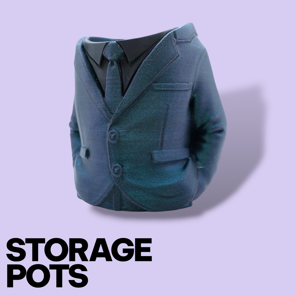 3D Printed Suit Storage Pots – Quirky Desk Organizer & Novelty Can Holder