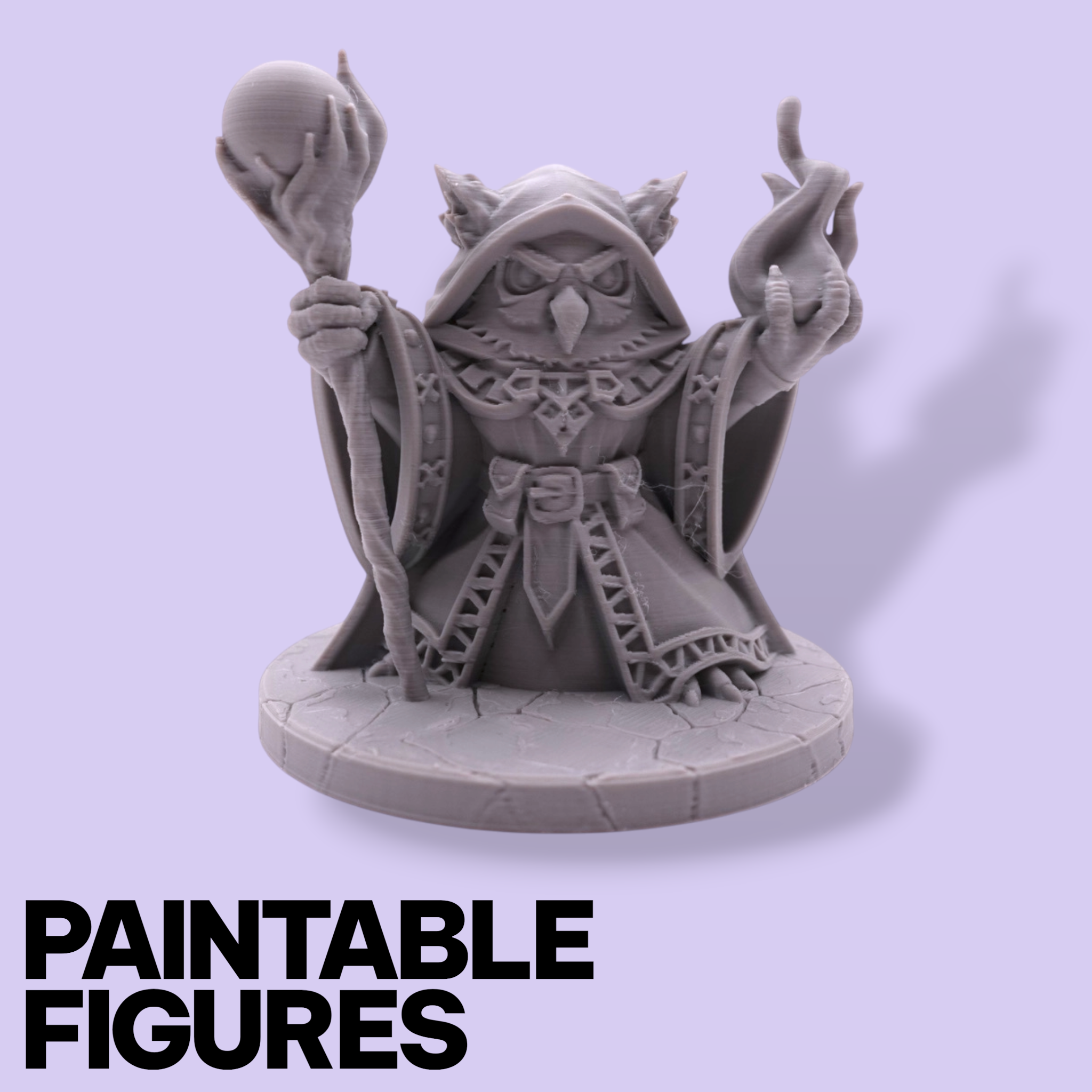 Warlock Owl Fantasy Miniature – 75mm Paintable Scale Figure | Tabletop RPG Wizard Mage Staff