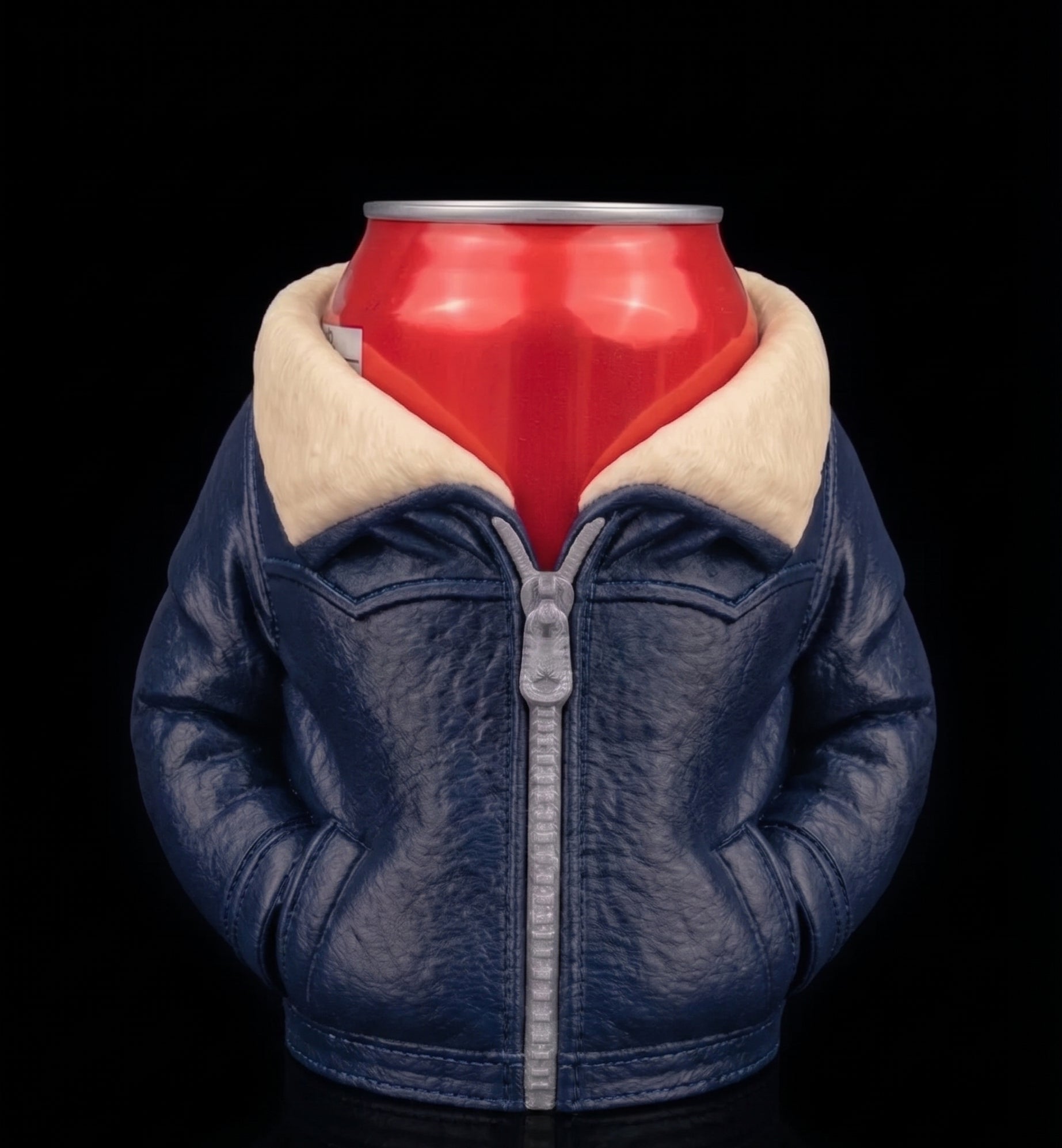 A novelty can-shaped jacket with a navy blue faux-leather body, cream shearling-style collar, and a red aluminum can inserted into the neck, shown against a black background.