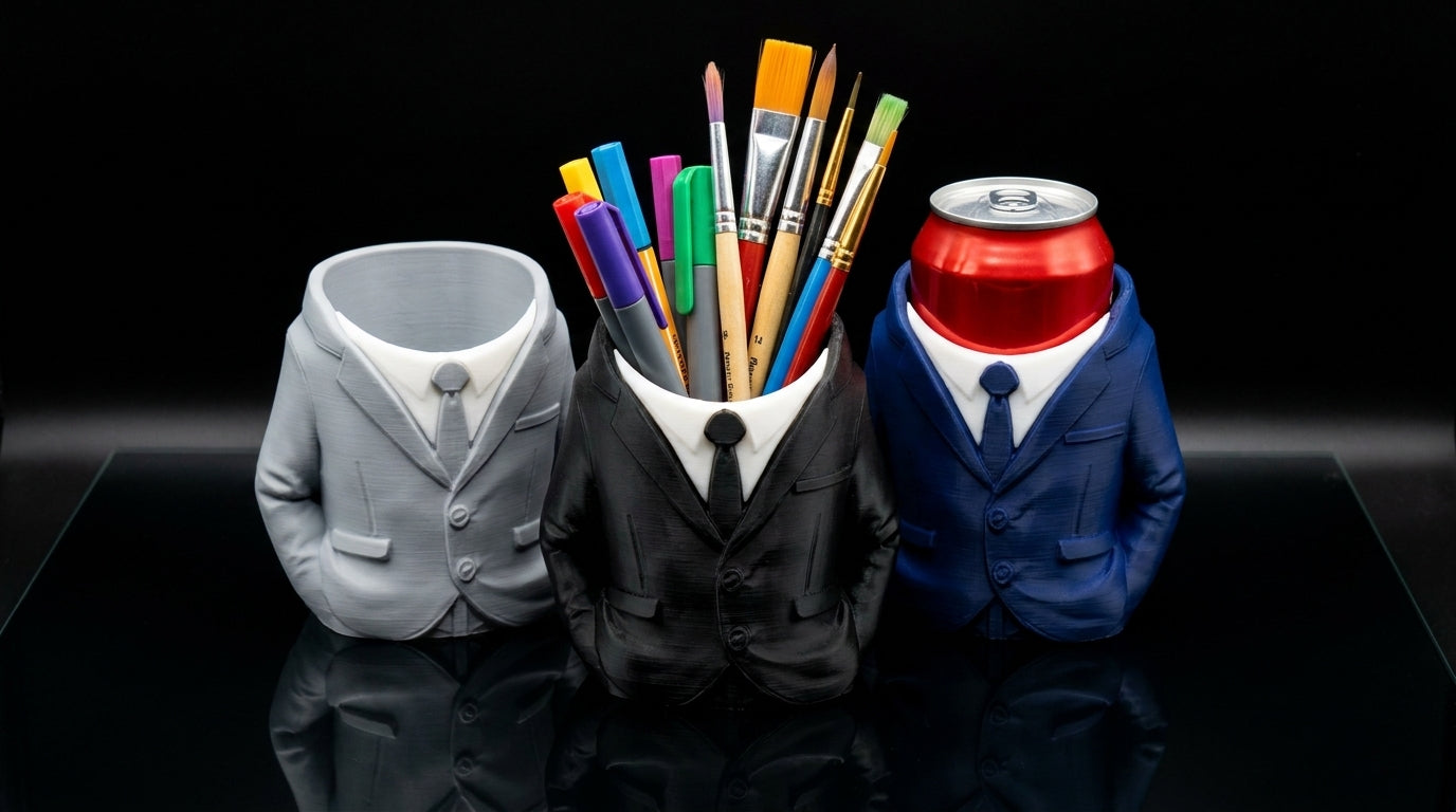 3D Printed Suit Storage Pots – Quirky Desk Organizer & Novelty Can Holder