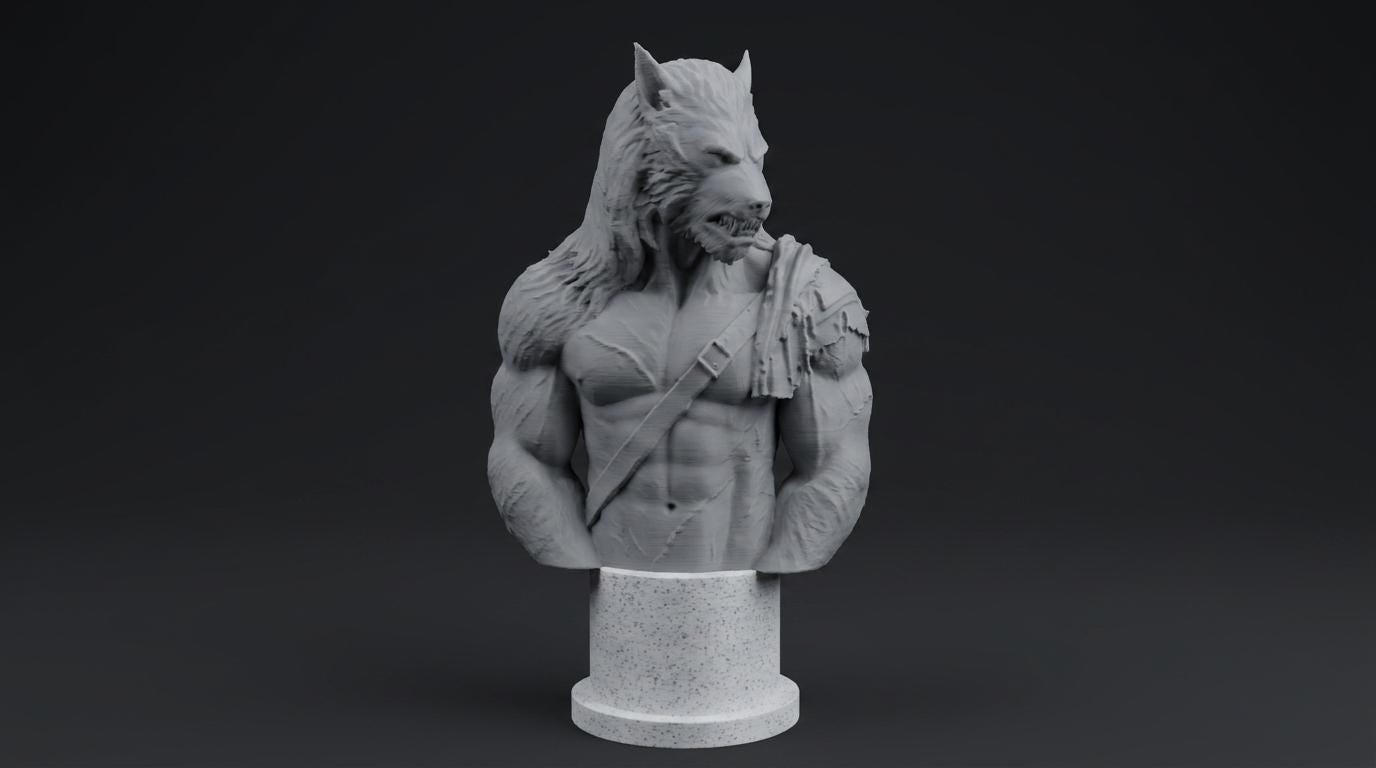 Werewolf Bust 110mm | Unpainted 3D Printed Fantasy Miniature | Hobby Painting Display Piece | Standard or Themed Plinth