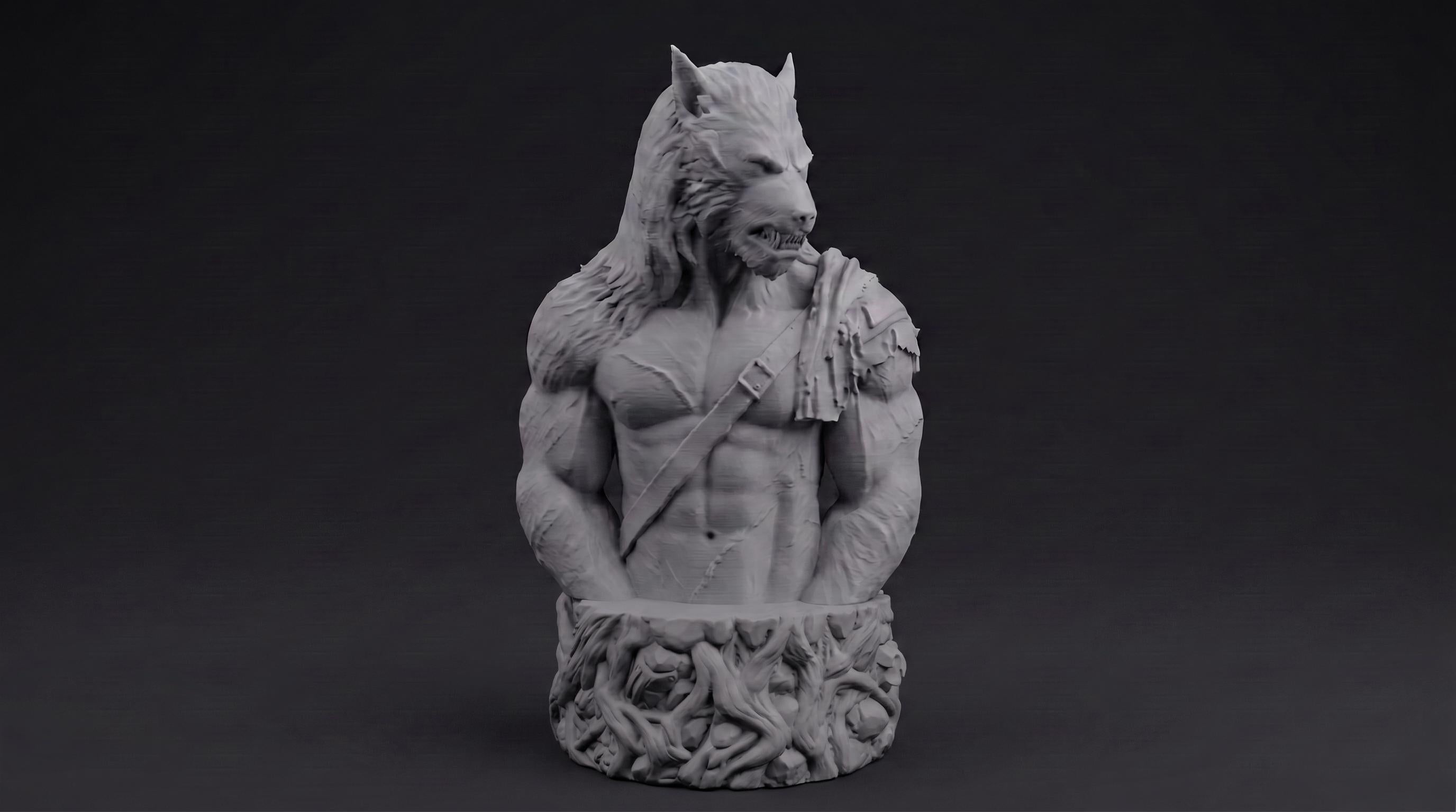 Werewolf Bust 110mm | Unpainted 3D Printed Fantasy Miniature | Hobby Painting Display Piece | Standard or Themed Plinth