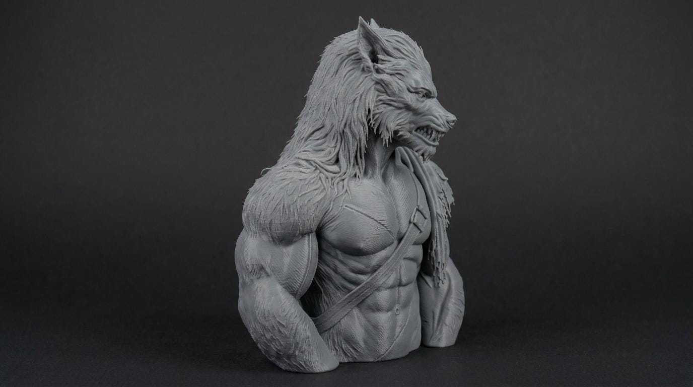 Werewolf Bust 110mm | Unpainted 3D Printed Fantasy Miniature | Hobby Painting Display Piece | Standard or Themed Plinth