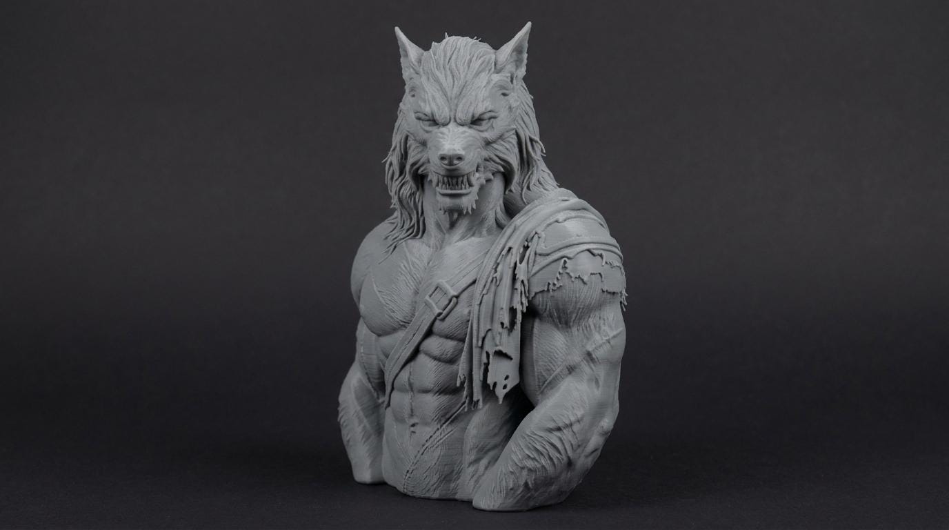 Werewolf Bust 110mm | Unpainted 3D Printed Fantasy Miniature | Hobby Painting Display Piece | Standard or Themed Plinth