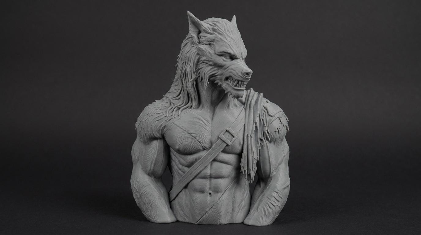 Werewolf Bust 110mm | Unpainted 3D Printed Fantasy Miniature | Hobby Painting Display Piece | Standard or Themed Plinth