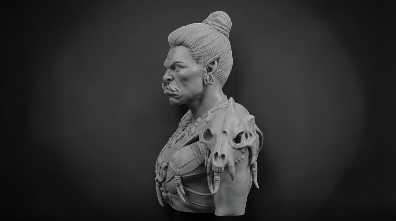 Female Orc Warlord Bust 110mm | Unpainted 3D Printed Fantasy Miniature | Hobby Painting Display Piece | Standard or Themed Plinth