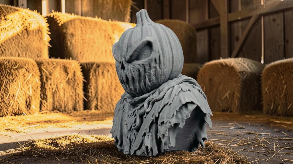 Paintable Jack-O-Lantern Bust | 3D Printed Halloween Miniature | Hay-Bale Plinth Included | Paint Your Own Pumpkin | Spooky Decor | Gift