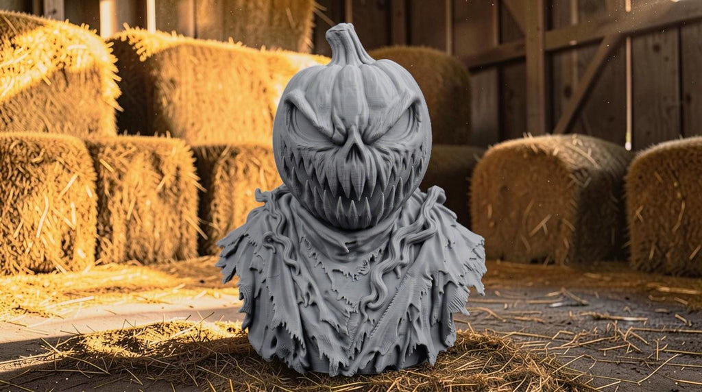 Paintable Jack-O-Lantern Bust | 3D Printed Halloween Miniature | Hay-Bale Plinth Included | Paint Your Own Pumpkin | Spooky Decor | Gift